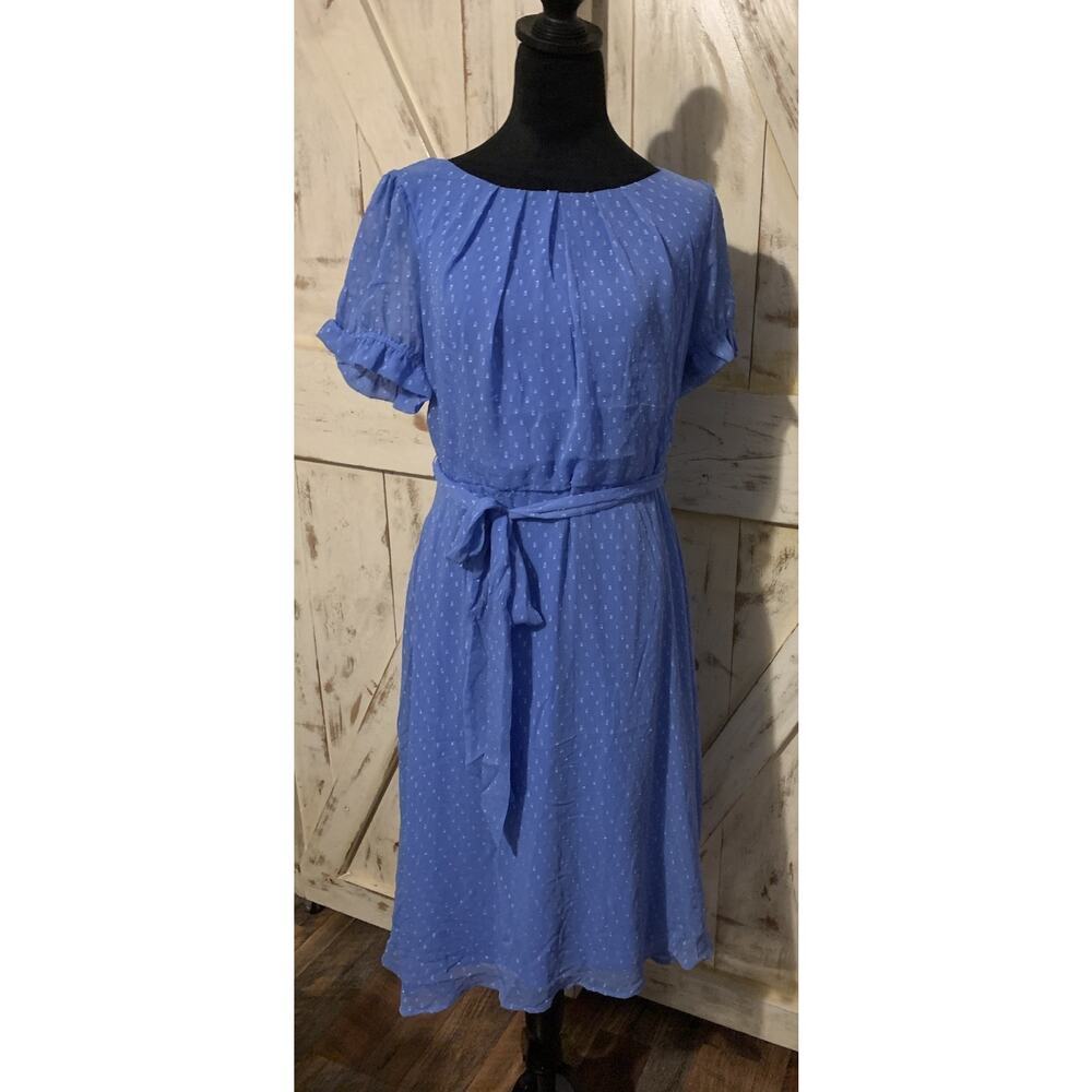 New York Collection Short Sleeves Ruffle Hem Midi‎ Dress Polka Dot Blue Size PL